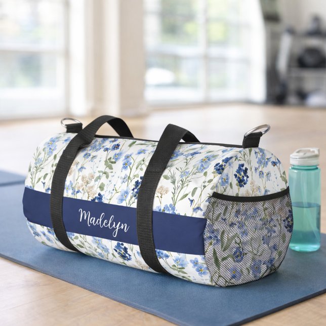 Blue Watercolor Wildflower Monogram Duffle Bag (Creator Uploaded)