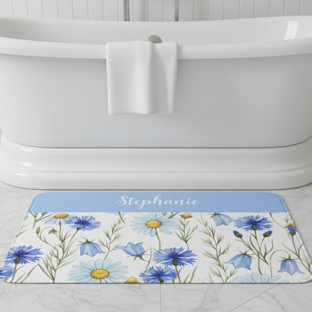 Blue Watercolor Wildflower Monogram Name Bath Mat (Creator Uploaded)