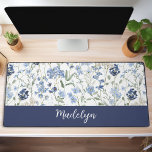 Blue Watercolor Wildflower Monogram Name Desk Mat<br><div class="desc">This monogram name boho wildflower pattern would look beautiful in your home,  accessorizing your living space to new a new heightened look. The watercolor wildflower pattern features delicate dusty blue and navy flowers and sage green leaves.</div>