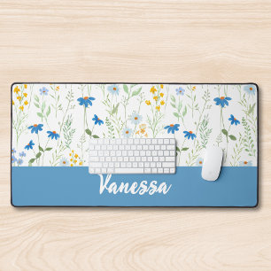 Blue Watercolor Wildflower Monogram Name Desk Mat