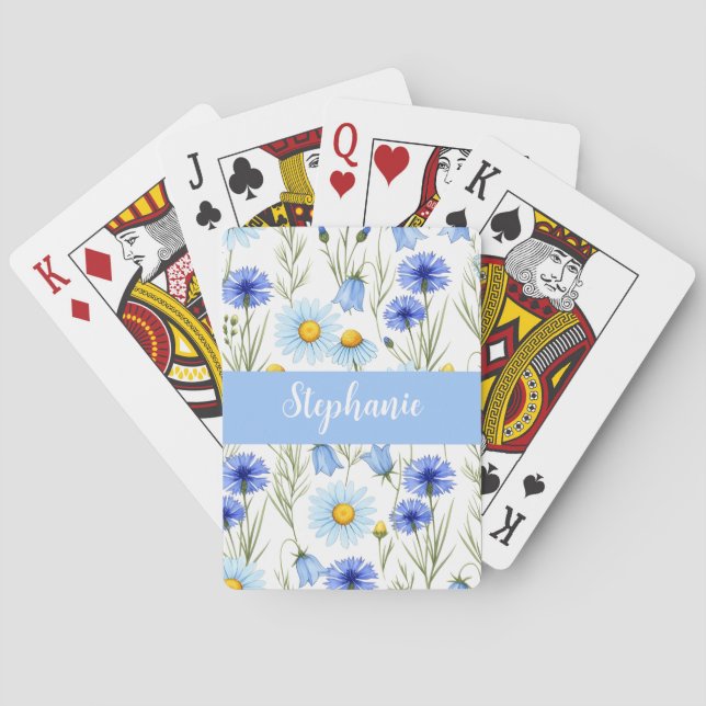 Blue Watercolor Wildflower Monogram Name Playing Cards (Back)