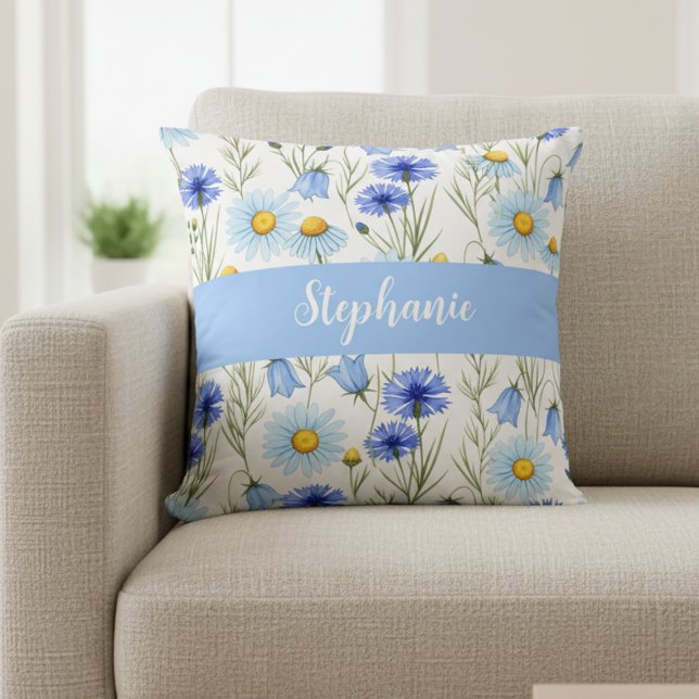 Blue Watercolor Wildflower Monogram Name Throw Pillow (Creator Uploaded)