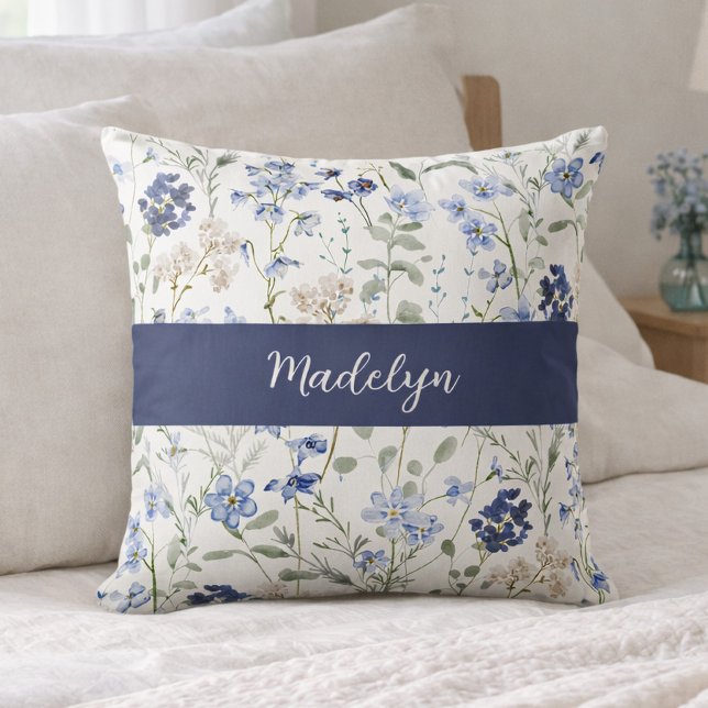 Blue Watercolor Wildflower Monogram Name Throw Pillow (Creator Uploaded)