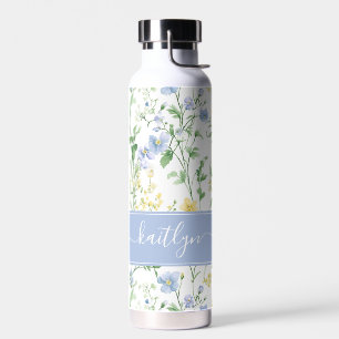 Blue Watercolor Wildflower Monogram Water Bottle