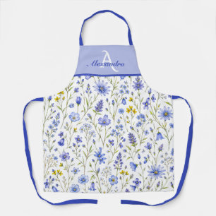 Blue Watercolor Wildflower Pattern Custom Name Apron