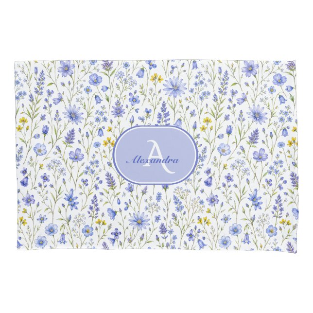 Blue Watercolor Wildflower Pattern Custom Name Pillowcase (Front)
