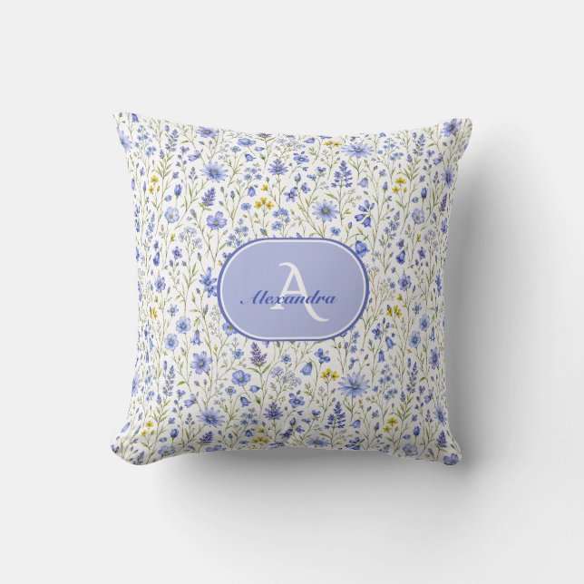 Blue Watercolor Wildflower Pattern Custom Name Throw Pillow (Front)