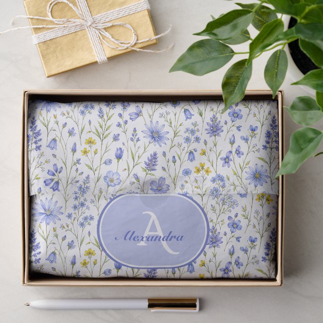 Blue Watercolor Wildflower Pattern Custom Name Tissue Paper (Gift)