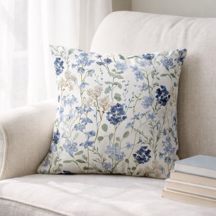 Blue Watercolor Wildflower Throw Pillow