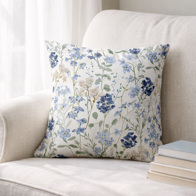 Blue Watercolor Wildflower Throw Pillow (Creator Uploaded)