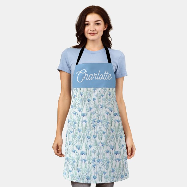 Blue watercolor wildflowers custom name apron (Worn)