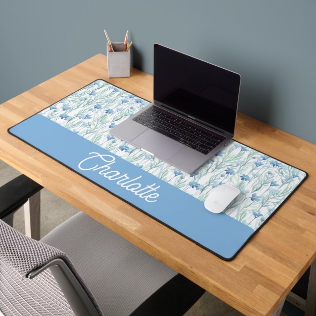 Blue watercolor wildflowers custom name desk mat (Office 2)
