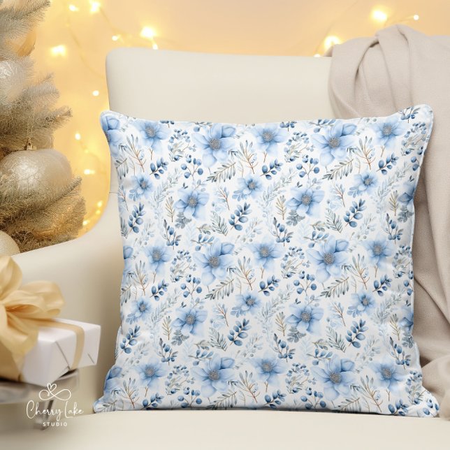 Blue Watercolor Winter Florals  Throw Pillow (Creator Uploaded)