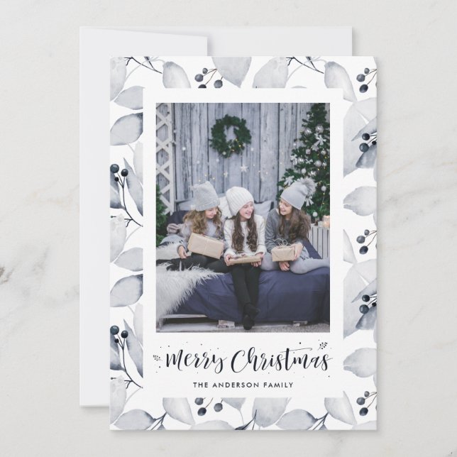 Blue Watercolor Winter Foliage Christmas Cards (Front)