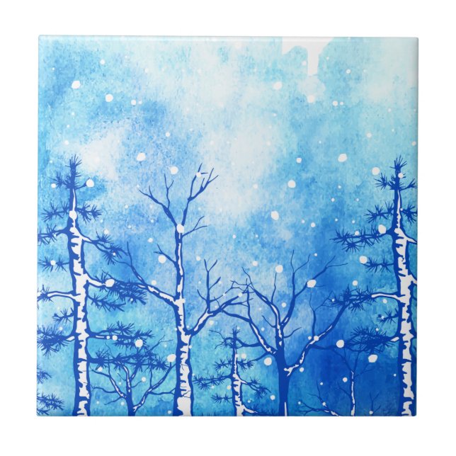 Blue Watercolor Winter Landscape Tile (Front)