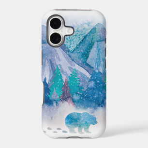 Blue Watercolor Winter Mountain Landscape Art