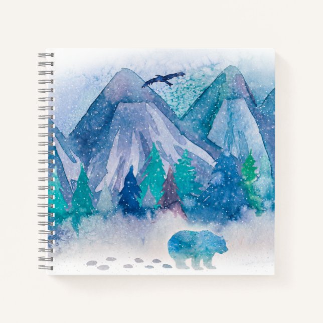 Blue Watercolor Winter Mountain Landscape Art Notebook (Front)