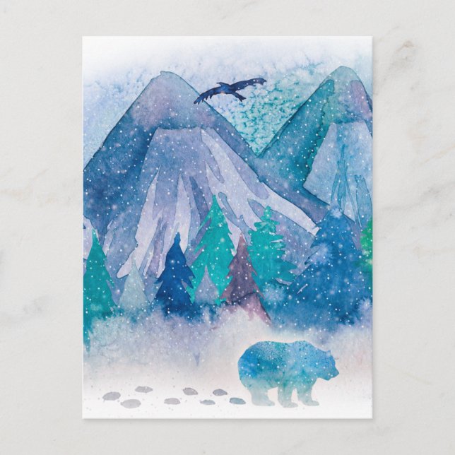 Blue Watercolor Winter Mountain Landscape Art Postcard (Front)