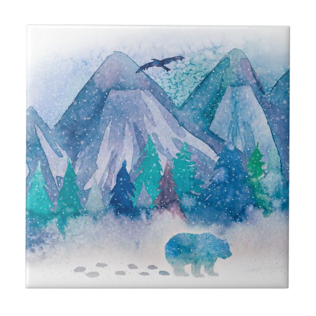 Blue Watercolor Winter Mountain Landscape Art Tile (Front)