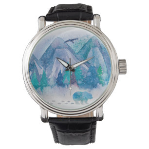 Blue Watercolor Winter Mountain Landscape Art Watch