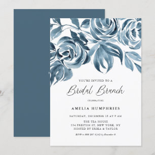 Blue Watercolor Winter Roses Bridal Brunch Invitation