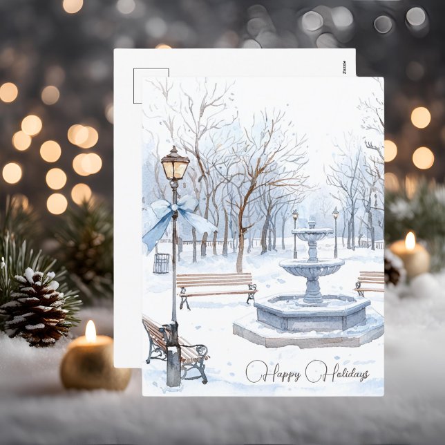 Blue Watercolor Winter Scene Happy Holidays Holiday Postcard (Creator Uploaded)