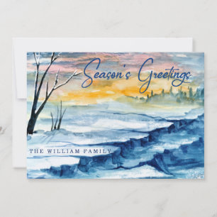 Blue Watercolor Winter Season’s Greetings Painting Holiday Card