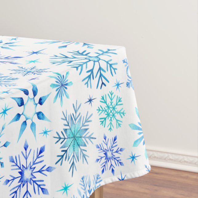 Blue Watercolor Winter Snowflakes and Sparkles Tablecloth (In Situ)
