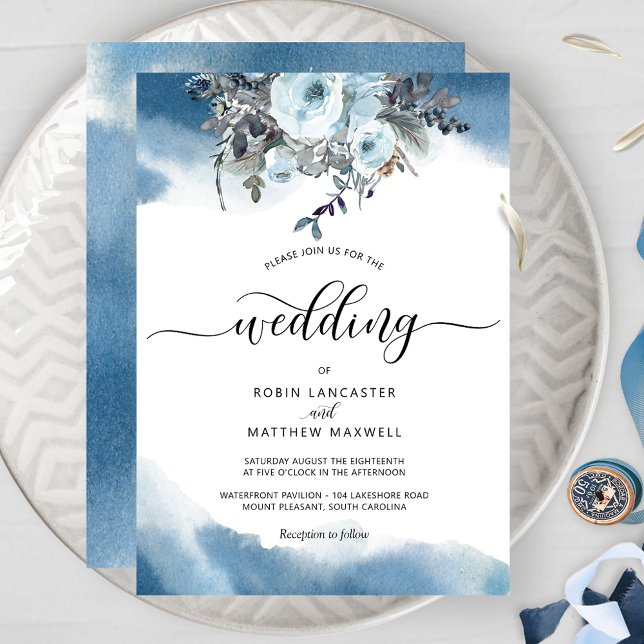 Blue Watercolor with Elegant Blue Floral Wedding Invitation (Creator Uploaded)