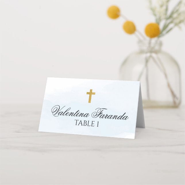 Blue Watercolor With Gold Cross Baptism Place Card (Front)