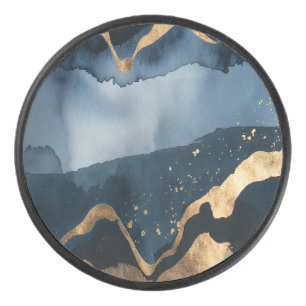 Blue watercolor with gold flecks hockey puck