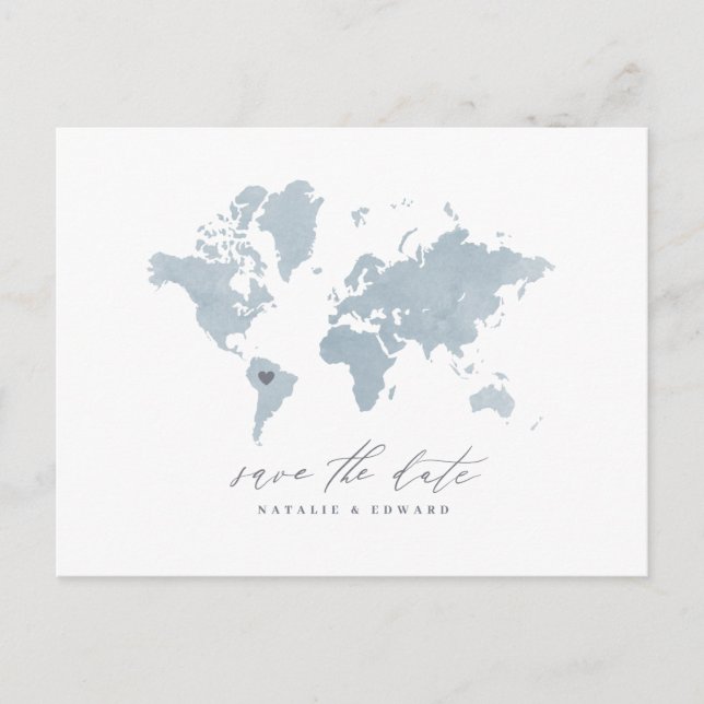 Blue watercolor world map wedding announcement (Front)