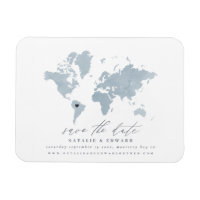 Blue watercolor world map wedding announcement
