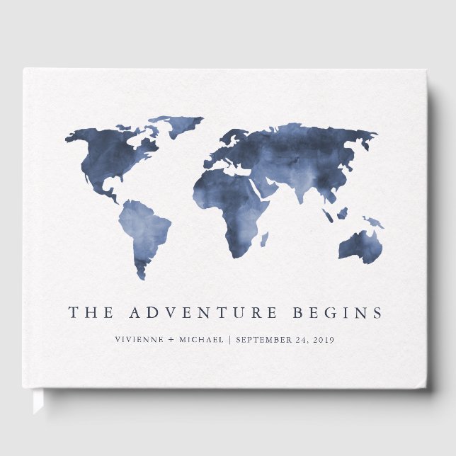 Blue Watercolor | World Map Wedding Guest Book (Front)