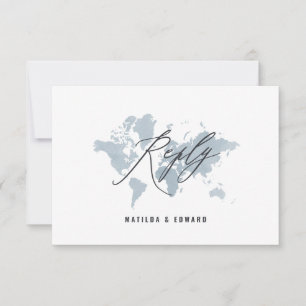 Blue watercolor world map wedding R.S.V.P RSVP Card