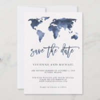Blue Watercolor World Map | Wedding Save the Date