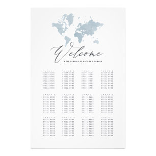 Blue watercolor world map wedding seating plan photo print