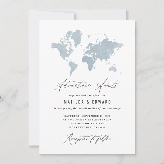 Blue watercolor world map wedding travel (Front)