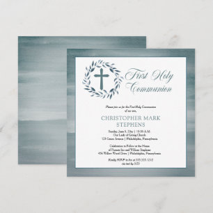 Blue Watercolor Wreath Boy First Holy Communion Invitation