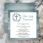 Blue Watercolor Wreath Boy First Holy Communion Invitation<br><div class="desc">Blue monochromatic watercolor leaves wreath in blue the top of this design with accompanying blue cross and the word "First Holy Communion" in uneditable script text. Simply add your child's photo, name and Communion ceremony and celebration details. Back features a blue watercolor gradient background. Composite design by Holiday Hearts Designs...</div>