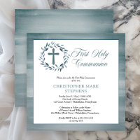 Blue Watercolor Wreath Boy First Holy Communion