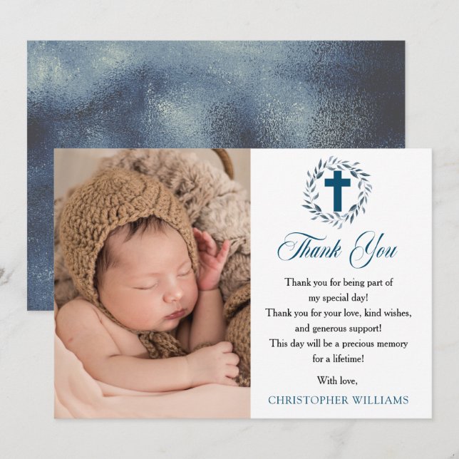 Blue Watercolor Wreath Boy Photo Baptism Thank You (Front/Back)
