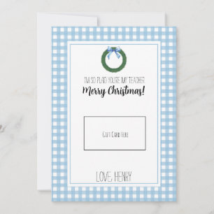 Blue Watercolor Wreath Teacher Christmas Gift Card