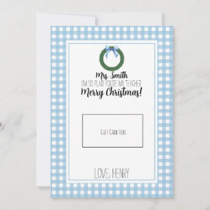 Blue Watercolor Wreath Teacher Christmas Gift Card
