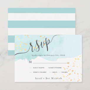 Blue Watercolor x Gold Splatters Bat Mitzvah RSVP  Card
