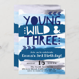 Blue Watercolor Young Wild & Three 3rd Birthday Invitation