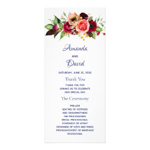 Blue watercolored burgundy florals wedding program