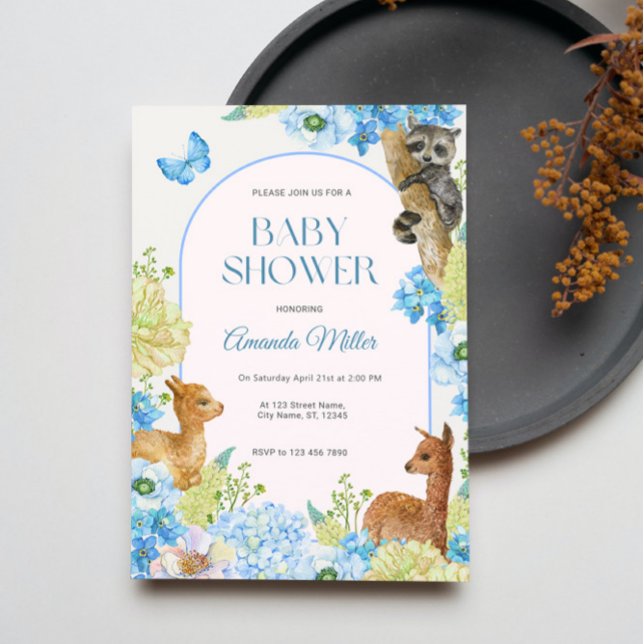 Blue watercolors Cute Animals Flowers Baby Shower Invitation (Creator Uploaded)