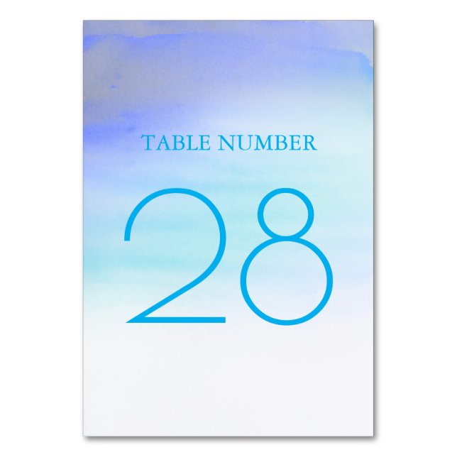 Blue Watercolors Modern Elegant Table Number Cards (Front)
