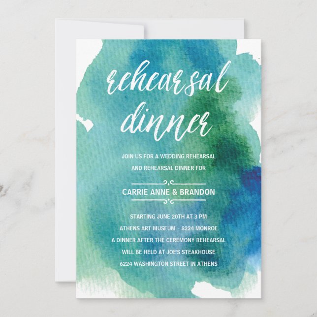 Blue Watercolors | Modern Rehearsal Dinner Invitation (Front)